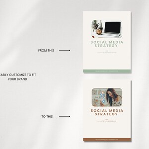 May include: Two social media strategy templates, one with a laptop and the other with a woman looking at a phone. Both templates have a white background with brown and green accents. The text on the templates reads "Social Media Strategy".