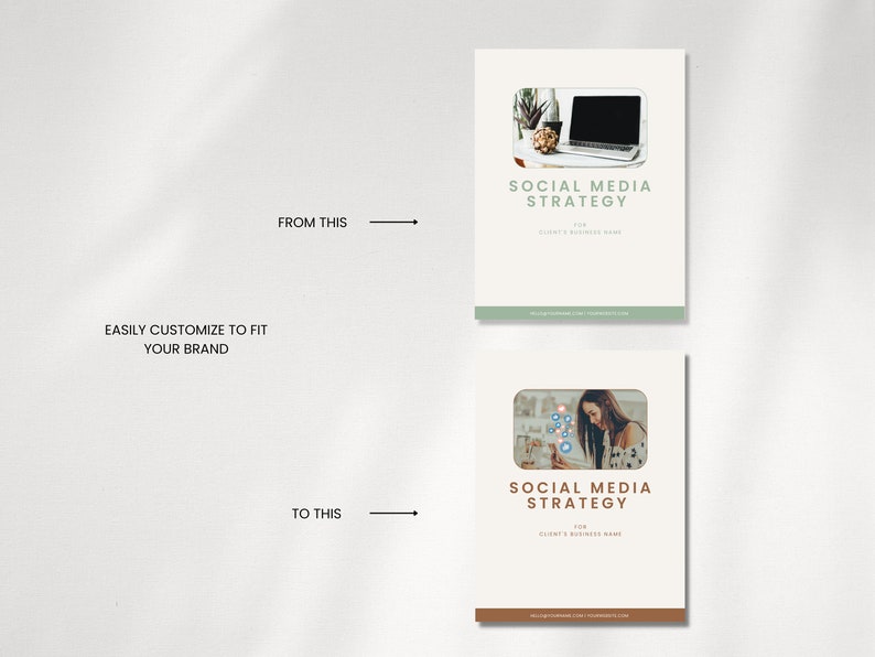 May include: Two social media strategy templates, one with a laptop and the other with a woman looking at a phone. Both templates have a white background with brown and green accents. The text on the templates reads "Social Media Strategy".