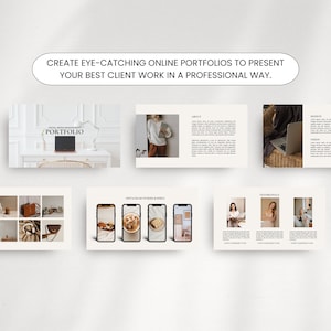 May include: A presentation template for social media management portfolios. The template features a minimalist design with a neutral colour palette and includes sections for about, vision, testimonials, and social media options.