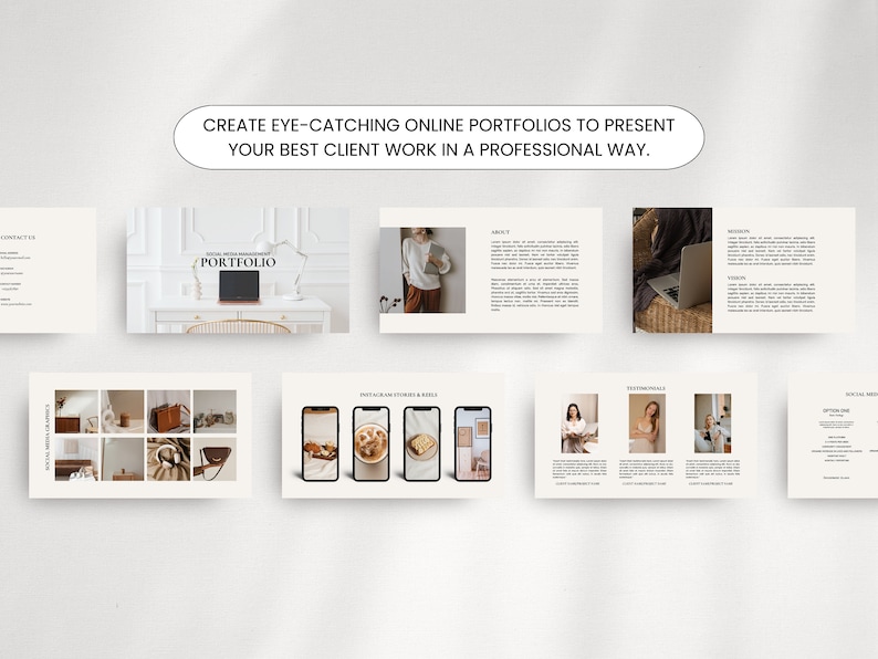 May include: A presentation template for social media management portfolios. The template features a minimalist design with a neutral colour palette and includes sections for about, vision, testimonials, and social media options.