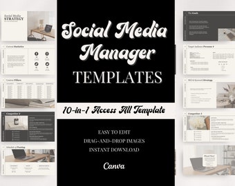 Kit de inicio de administrador de redes sociales 10 en 1 Plantillas comerciales de gestión de redes sociales Plantilla editable de estrategia de marketing digital