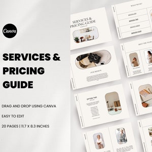 Könnte beinhalten: Eine Canva Services & Pricing Guide Vorlage mit minimalistischem Design. Das Cover zeigt den Titel in fetter schwarzer Schrift. Im Inneren enthält der Guide Abschnitte wie "Was wir tun" und "Treffen Sie das Team". Die Vorlage ist einfach zu bearbeiten und hat 20 Seiten, die 29,7 x 21,1 cm messen.