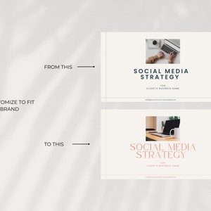 May include: Two rectangular social media strategy templates with off-white backgrounds. The top template features dark blue text reading SOCIAL MEDIA STRATEGY. The bottom template features pink text reading SOCIAL MEDIA STRATEGY. Both include placeholder images.