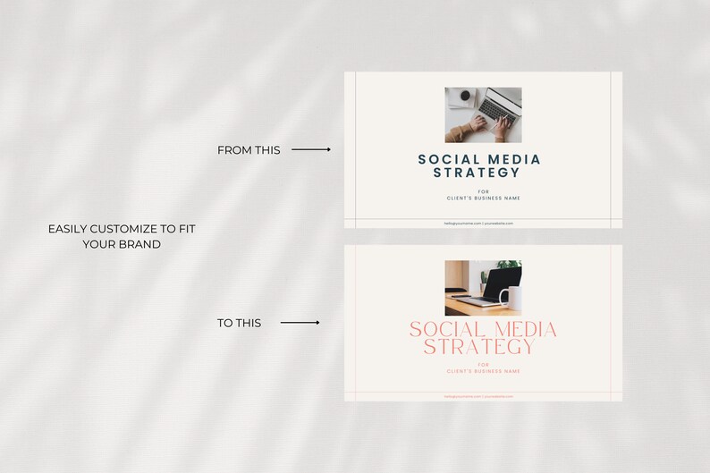 May include: Two rectangular social media strategy templates with off-white backgrounds. The top template features dark blue text reading SOCIAL MEDIA STRATEGY. The bottom template features pink text reading SOCIAL MEDIA STRATEGY. Both include placeholder images.