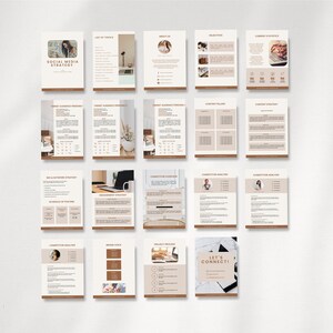 May include: A social media strategy guide with a brown and white color scheme. The guide includes sections on target audience, competitor analysis, engagement strategy, and project process. The text "Let's Connect!" is featured on the last page.