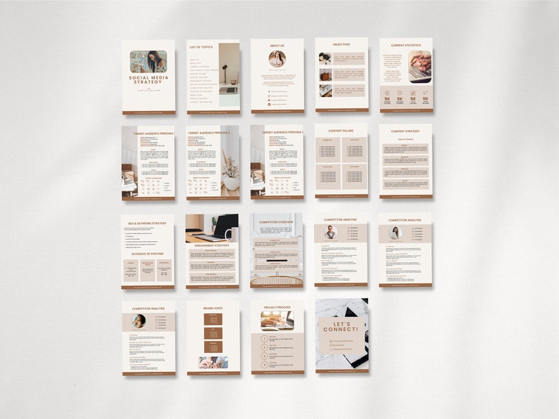 May include: A social media strategy guide with a brown and white color scheme. The guide includes sections on target audience, competitor analysis, engagement strategy, and project process. The text "Let's Connect!" is featured on the last page.