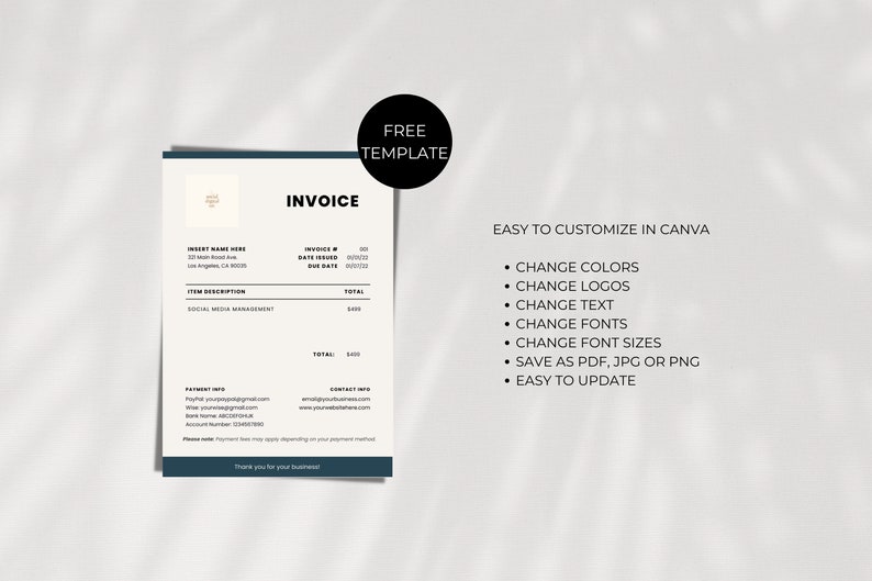 May include: A digital invoice template featuring a clean layout with dark blue borders, black text, and a white background. The document includes sections for business details, item descriptions, totals, and payment information, with a black circle label.