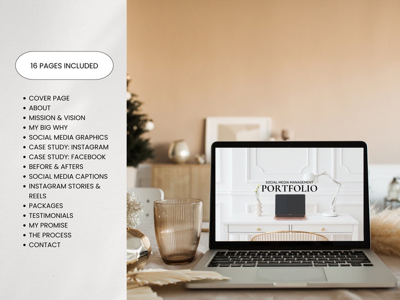 May include: A laptop computer displaying a website with the text "SOCIAL MEDIA MANAGEMENT PORTFOLIO". The laptop is on a table with a glass of water and a decorative plant.