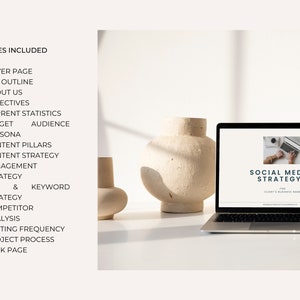May include: A digital social media strategy document template featuring 19 pages including cover, outline, about us, objectives, statistics, target audience, content pillars, strategy, engagement, SEO, competitor analysis, posting frequency, and process.