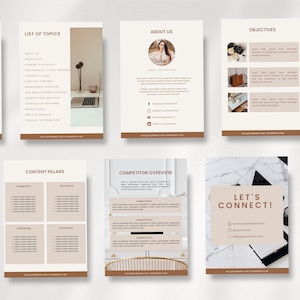 May include: A social media strategy guide with a brown and white color scheme. The guide includes sections on list of topics, about us, objectives, content pillars, competitor overview, and let's connect. The guide also includes a call to action to connect with the business.
