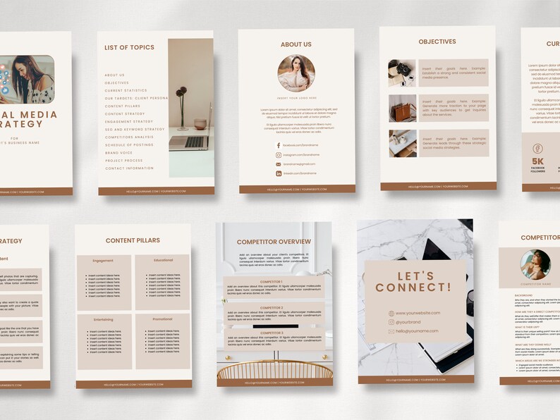 May include: A social media strategy guide with a brown and white color scheme. The guide includes sections on list of topics, about us, objectives, content pillars, competitor overview, and let's connect. The guide also includes a call to action to connect with the business.