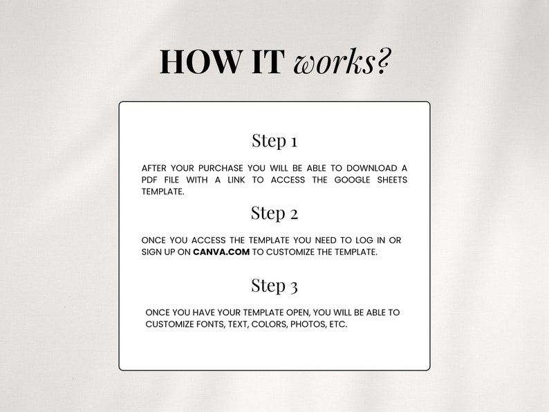 May include: A white and black graphic with the text "HOW IT works?" and three steps for customizing a Google Sheets template. Step 1: Download a PDF file with a link to access the Google Sheets template. Step 2: Log in or sign up on Canva.com to customize the template. Step 3: Customize fonts, text, colors, photos, etc.
