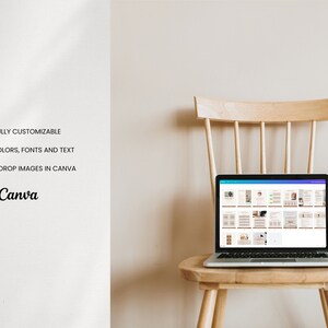 May include: A laptop computer with a white background and a wooden chair. The laptop screen shows a Canva design with the text "100% Fully Customizable, Change Colors, Fonts and Text, Drag-and-Drop Images in Canva, Canva".