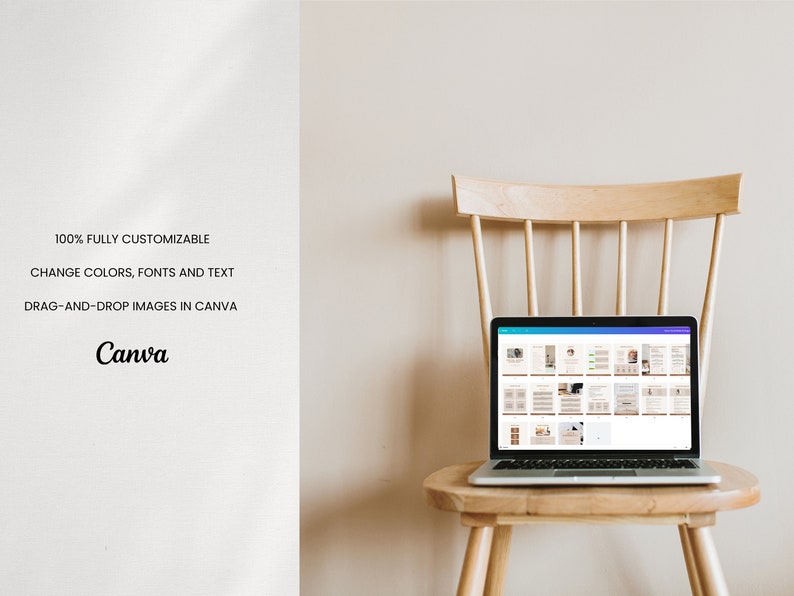 May include: A laptop computer with a white background and a wooden chair. The laptop screen shows a Canva design with the text "100% Fully Customizable, Change Colors, Fonts and Text, Drag-and-Drop Images in Canva, Canva".
