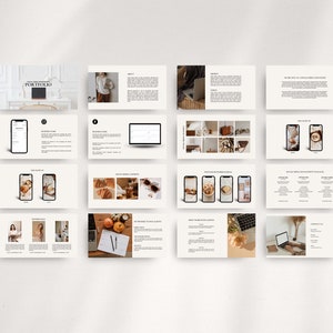 May include: A digital portfolio presentation with a minimalist aesthetic. The slides feature images of a laptop, smartphone, and various lifestyle elements, such as coffee, croissants, and plants. The text on the slides highlights the services offered, including social media management, content creation, and branding.