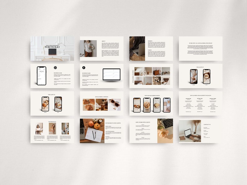 May include: A digital portfolio presentation with a minimalist aesthetic. The slides feature images of a laptop, smartphone, and various lifestyle elements, such as coffee, croissants, and plants. The text on the slides highlights the services offered, including social media management, content creation, and branding.
