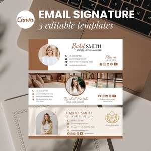 May include: Three email signature templates with a brown and white color scheme. Each template features a woman's headshot, contact information, and social media icons. The text on the templates reads "Rachel Smith, Social Media Manager".