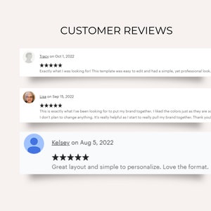 May include: A graphic display titled CUSTOMER REVIEWS featuring three white rectangular blocks. Each block contains a user name, a date, a five-star rating, and a written review. The reviews are from Tracy, Lisa, and Kelsey, dated 2022.