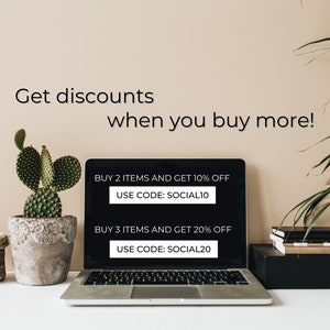 May include: A laptop screen displaying text that reads: Get discounts when you buy more! BUY 2 ITEMS AND GET 10% OFF USE CODE: SOCIAL10 BUY 3 ITEMS AND GET 20% OFF USE CODE: SOCIAL20. The laptop is positioned on a white surface next to a potted cactus.