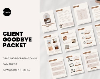 May include: A 16-page client goodbye packet template designed for use with Canva. The template features a minimalist design with a brown and white color scheme. The text "CLIENT GOODBYE PACKET" is displayed in bold black font on the cover page. The template includes pages for "Thank You", "Table of Contents", "Project Wrap", "Client Favorites", "Additional Services", "Like & Follow", "Referral Program", "Goodbye & Next Steps".