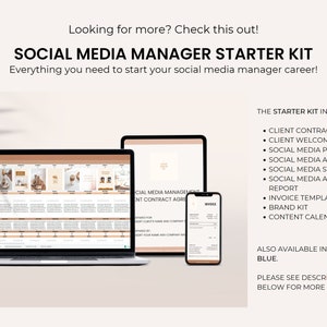 May include: A digital social media manager starter kit displayed on a laptop, tablet, and smartphone. The screen shows a content calendar, contract, and invoice. Text includes "SOCIAL MEDIA MANAGER STARTER KIT" and a list of included documents.