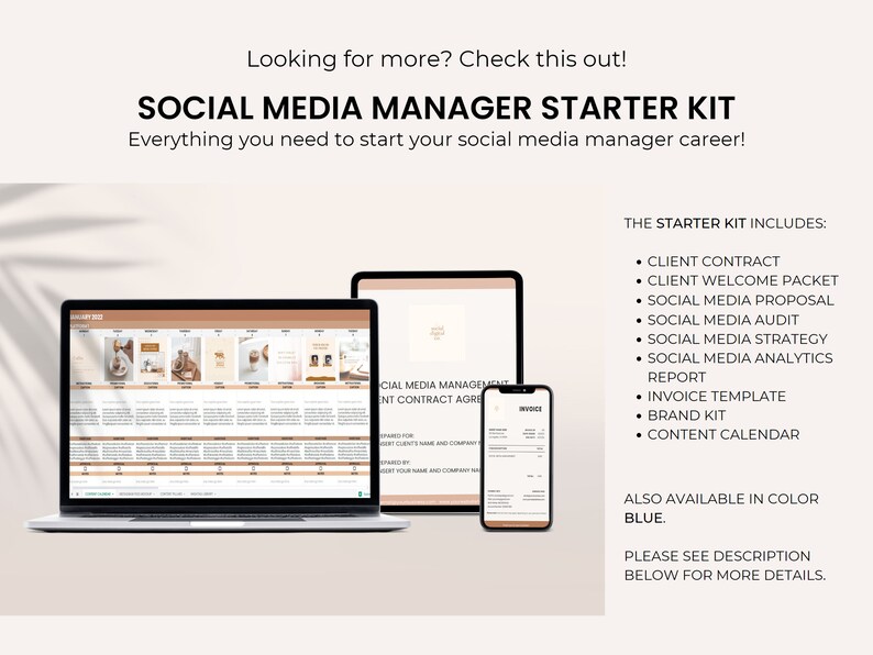 May include: A digital social media manager starter kit displayed on a laptop, tablet, and smartphone. The screen shows a content calendar, contract, and invoice. Text includes "SOCIAL MEDIA MANAGER STARTER KIT" and a list of included documents.