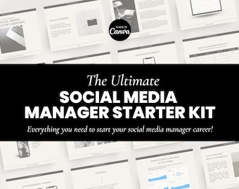 Puede incluir: Un kit de inicio para gestores de redes sociales con el texto "The Ultimate Social Media Manager Starter Kit". El kit incluye varias plantillas de informes y guías, con el logo "Made in Canva". Está diseñado para iniciar una carrera como gestor de redes sociales.