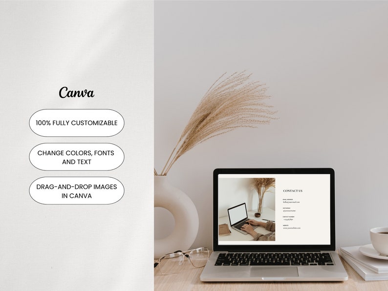 May include: A laptop computer displaying a website with the text "CONTACT US" and a phone number, email address, and website address. The laptop is on a wooden desk with a vase of dried pampas grass, a pair of glasses, and a cup of coffee.