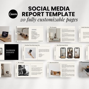 May include: A social media analytics report template with 20 customisable pages. The template features a minimalist design with black and white text on a cream background. The pages include sections for Facebook insights, top performing posts and stories, demographics, and recommendations.