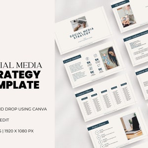 May include: A digital social media strategy template for Canva featuring 20 pages with a 1920 x 1080 px resolution. The layout includes sections for current statistics, target audience personas, content strategy, content pillars, and project process.