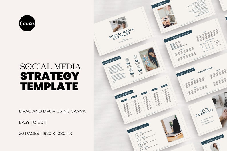 May include: A digital social media strategy template for Canva featuring 20 pages with a 1920 x 1080 px resolution. The layout includes sections for current statistics, target audience personas, content strategy, content pillars, and project process.