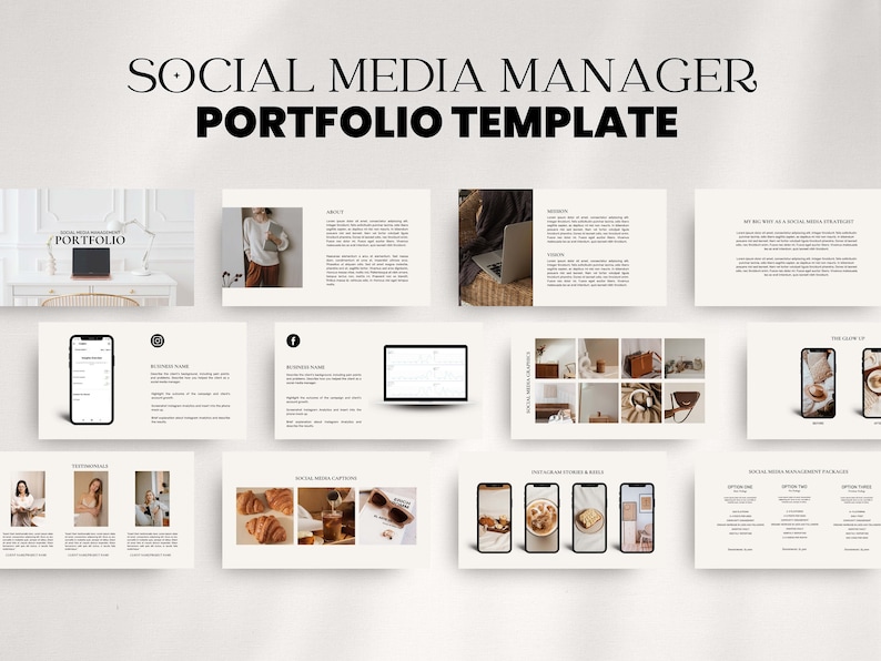 May include: A social media manager portfolio template with a minimalist aesthetic. The template includes slides with headings such as "About", "Business Name", "Social Media Content", "Price Packages", "Testimonials", and "The Glow Up".