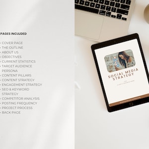 May include: A digital tablet displaying a social media strategy guide with a woman on the cover. The guide includes 19 pages with topics such as target audience, content pillars, and engagement strategy.