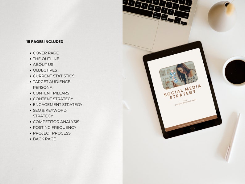 May include: A digital tablet displaying a social media strategy guide with a woman on the cover. The guide includes 19 pages with topics such as target audience, content pillars, and engagement strategy.