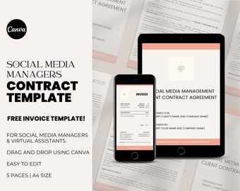 Social Media Manager Contract Template, Editable Canva Agreement (Digital Download)