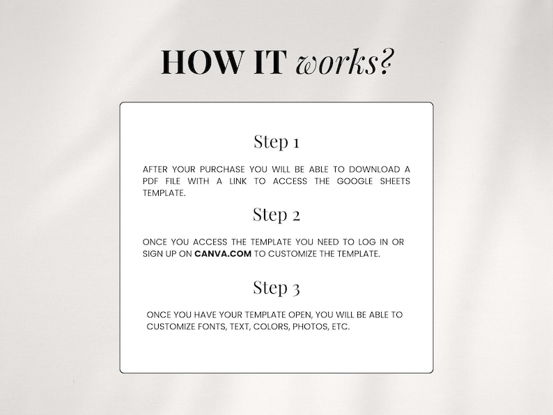 May include: A white and black graphic with the text "HOW IT works?" and three steps for customizing a template. Step 1: Download a PDF file with a link to access the Google Sheets template. Step 2: Log in or sign up on Canva.com to customize the template. Step 3: Customize fonts, text, colours, photos, etc.