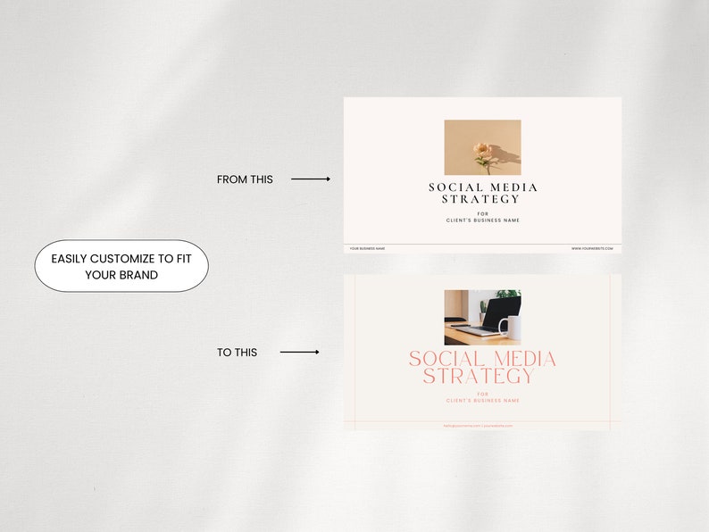 Pode incluir: Uma imagem de antes e depois mostrando como personalizar um modelo de estrat&eacute;gia de m&iacute;dia social. O modelo original apresenta um design floral e o texto "Estrat&eacute;gia de m&iacute;dia social para [Nome da empresa do cliente]". O modelo personalizado apresenta um laptop e uma caneca de caf&eacute; em uma mesa e o mesmo texto que o modelo original.