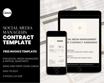 Plantilla de contrato de administrador de redes sociales independiente / Acuerdo de servicio al cliente / Plantilla de factura Canva