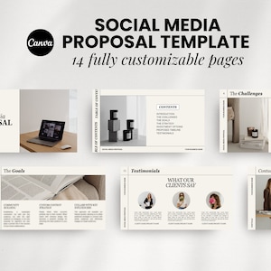 May include: A social media proposal template with 14 customizable pages. The template includes sections for the goals, challenges, testimonials, and contact information. The template is designed for businesses looking to improve their social media presence.