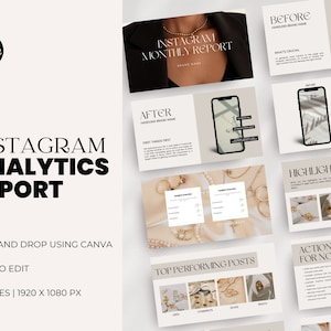 Könnte beinhalten: Eine 10-seitige Instagram-Analysebericht-Vorlage, die für Canva entwickelt wurde. Die Vorlage verfügt über einen beigefarbenen Hintergrund mit schwarzem Text und Bildern von Schmuck. Der Bericht enthält Abschnitte für Vorher und Nachher, Highlights, Top-Performing-Posts und einen Aktionsplan für November.