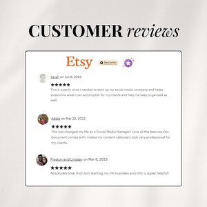 May include: Etsy customer reviews for a social media content calendar template. The reviews are all five stars and highlight the ease of use and professional look of the template.