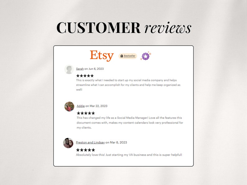 May include: Etsy customer reviews for a social media content calendar template. The reviews are all five stars and highlight the ease of use and professional look of the template.