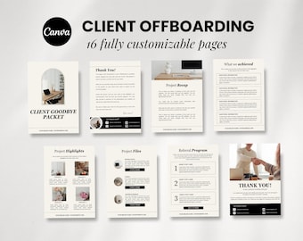 May include: A mockup of a client offboarding packet with 16 customizable pages. The pages include sections for project highlights, project files, referral program, thank you, and what we achieved. The pages are designed in a minimalist style with black and white text on a white background.