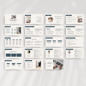 May include: A digital social media strategy presentation template featuring seventeen individual slides with a clean, professional layout. The slides include sections for audience analysis, content strategy, competitor research, and a final contact page.