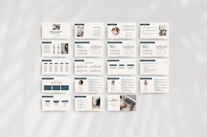 May include: A digital social media strategy presentation template featuring seventeen individual slides with a clean, professional layout. The slides include sections for audience analysis, content strategy, competitor research, and a final contact page.