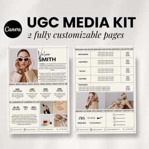 Op de afbeelding: Een mediakit voor een social media influencer genaamd Valere Smith. De kit bevat informatie over haar social media-volgers, aangeboden diensten, tarieven en merken waarmee ze heeft samengewerkt. De kit is ontworpen in een minimalistische stijl met een beige achtergrond en zwarte tekst.