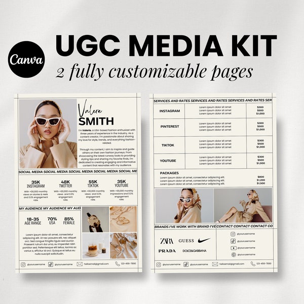 UGC Media Kit Portfolio Template, Influencer Blogger Youtube Tiktok Media Kit, Minimalist Canva Template