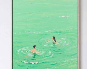 Nadando en el mar, pintura de océano verde, arte de pareja nadando, pintura minimalista verde, pintura de paisaje verde claro, arte de pared de estilo vacacional