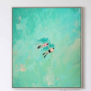 swimming into green lovers oil painting on canvas Green textured art green blue ocean wall art custom painting gifts for her unique gift
