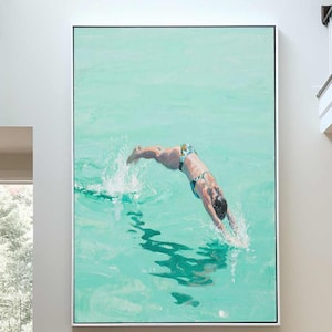 Diving painting Green art swimming into the sea green ocean painting ocean painting swimming art swimming art sea landscape art gift for her